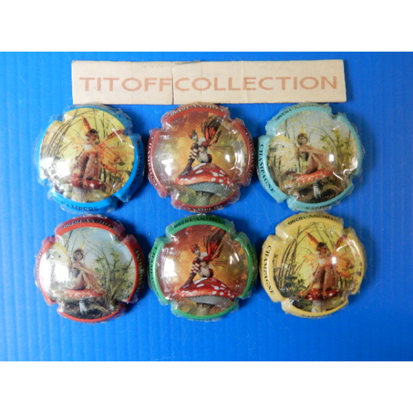 la série de 6 capsules  de champagne sampers claude (fée et amanite